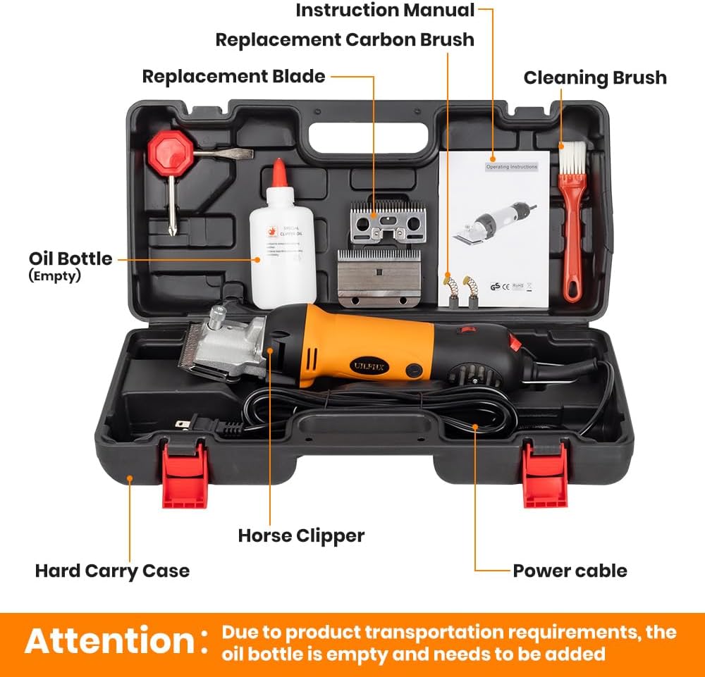 Horse Clippers Professional Electric horse Grooming Kit, Shaving Equine Clippers for Horses Goat Cattle Thick Coat Animals, 6 Speeds Large Heavy Duty Farm Livestock Haircut Trimmer (600W, 2 Blades)