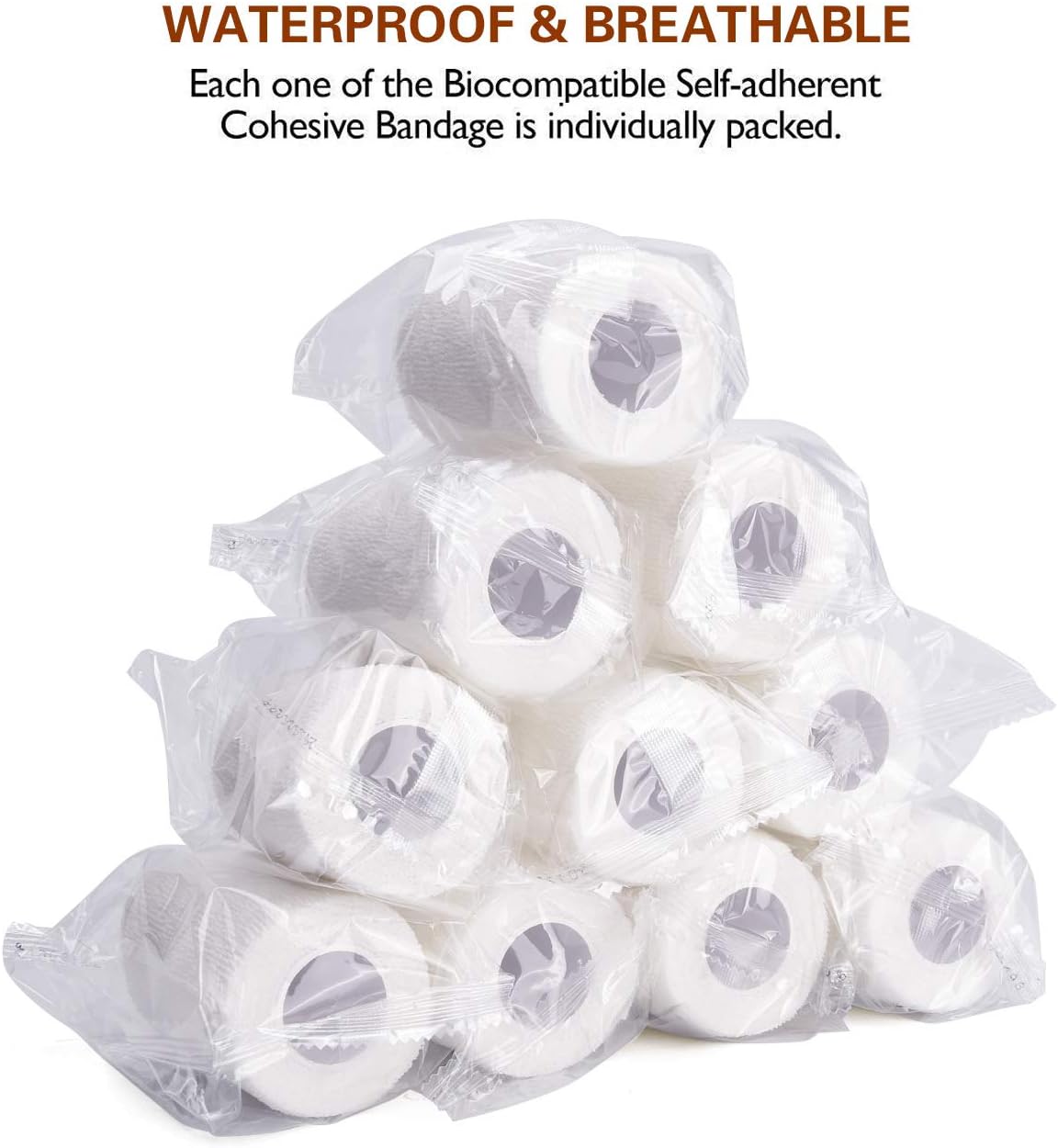 TOBWOLF 12PCS Self Adhering Bandage, 3" x5yd / 7.5cmx4.5m Cohesive Elastic Bandage Wrap Gauze Roll, Breathable Sports Tape, Medical Wrap for Wrist Ankle Knee Leg Sprains Swelling - White