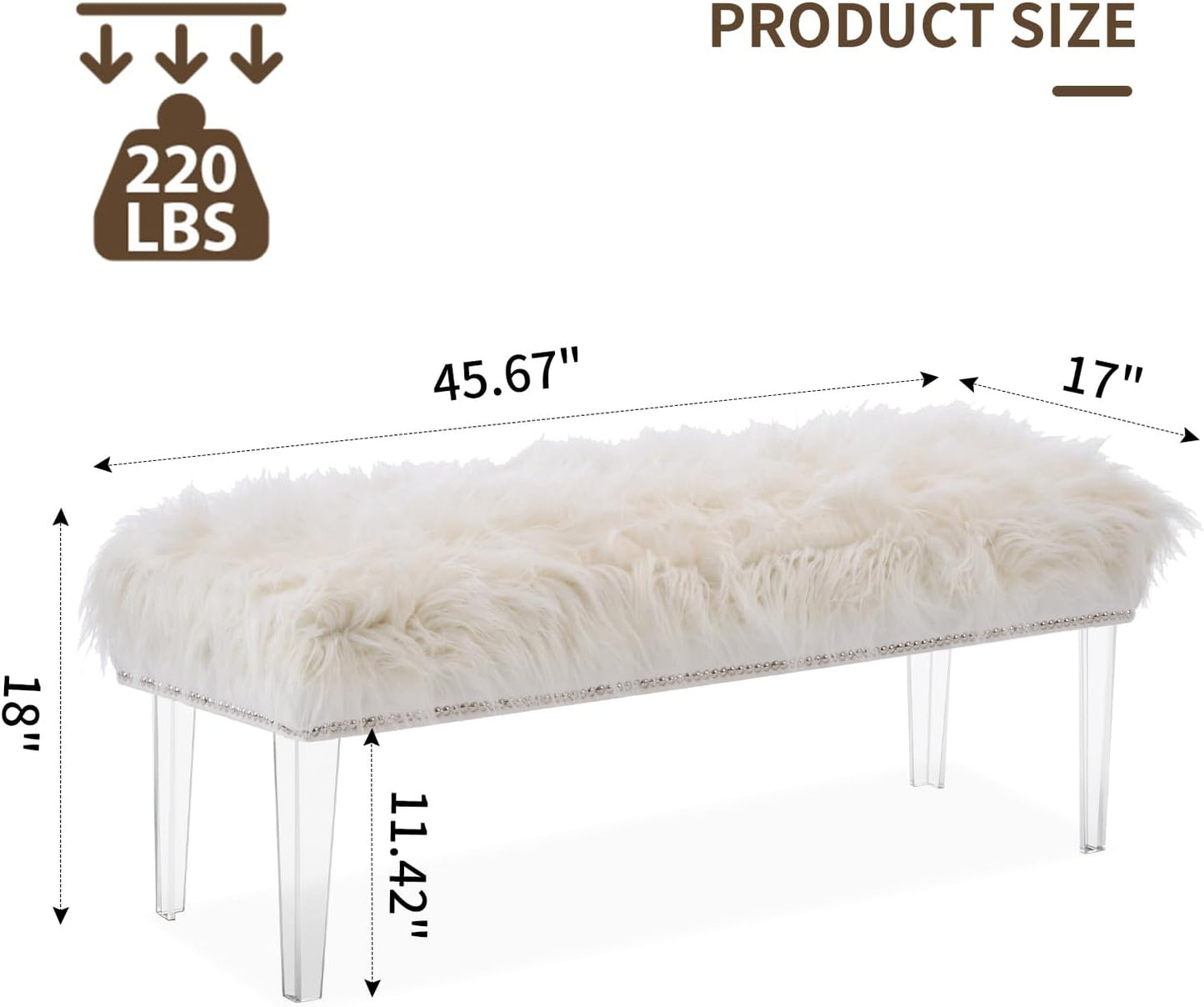 46 Inch White Bedroom Bench, Benches for Bedroom White Faux Fur Upholstered Bed end Bench, Tufting Ottoman Bench Indoor Bench with Acrylic Legs for Living Room Bedroom Entryway