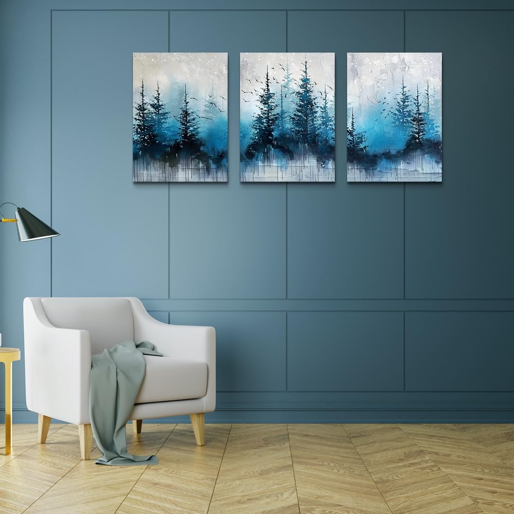 TTHYUEWS Large Canvas Wall Decor for Living Room - Boho Art for Bedroom Forest Landscape Abstract Pictures - Tree Blue Painting Artwork Office Aesthetic Decoration - Hang Easy 3 Piece