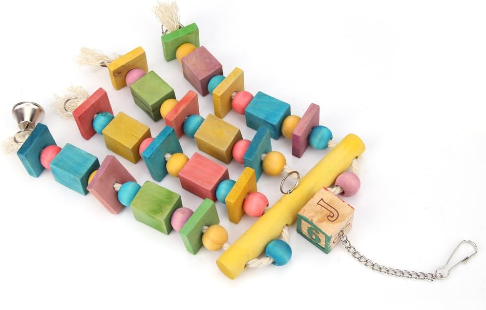 Parrot Hanging Chew Toy Bird Bite Swing with Colorful Wood Beads Bells for Parrot Macaw African Greys Cockatiels Cage Accessories (Hanging with Bell Toy)
