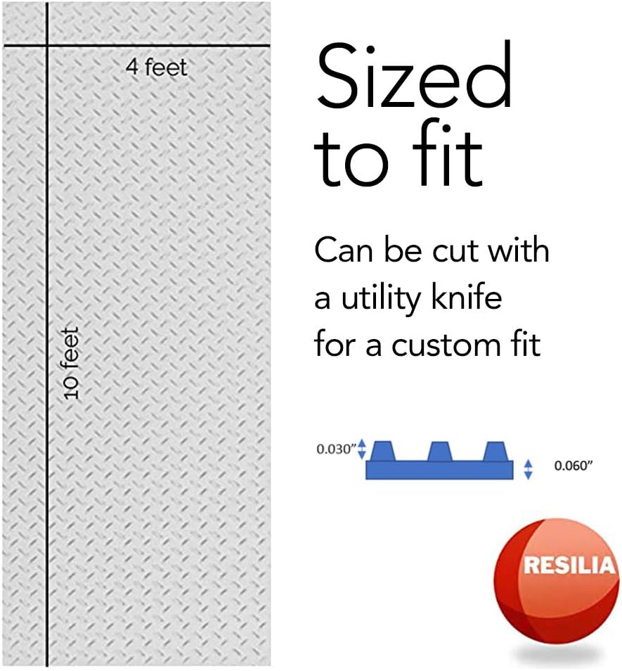 RESILIA Heavy Duty Garage Floor Runner & Protector Mat - Slip Resistant Diamond Plate PVC Mats - Water, Spill, & Stain Resistant, Silver (4 feet x 10 feet)