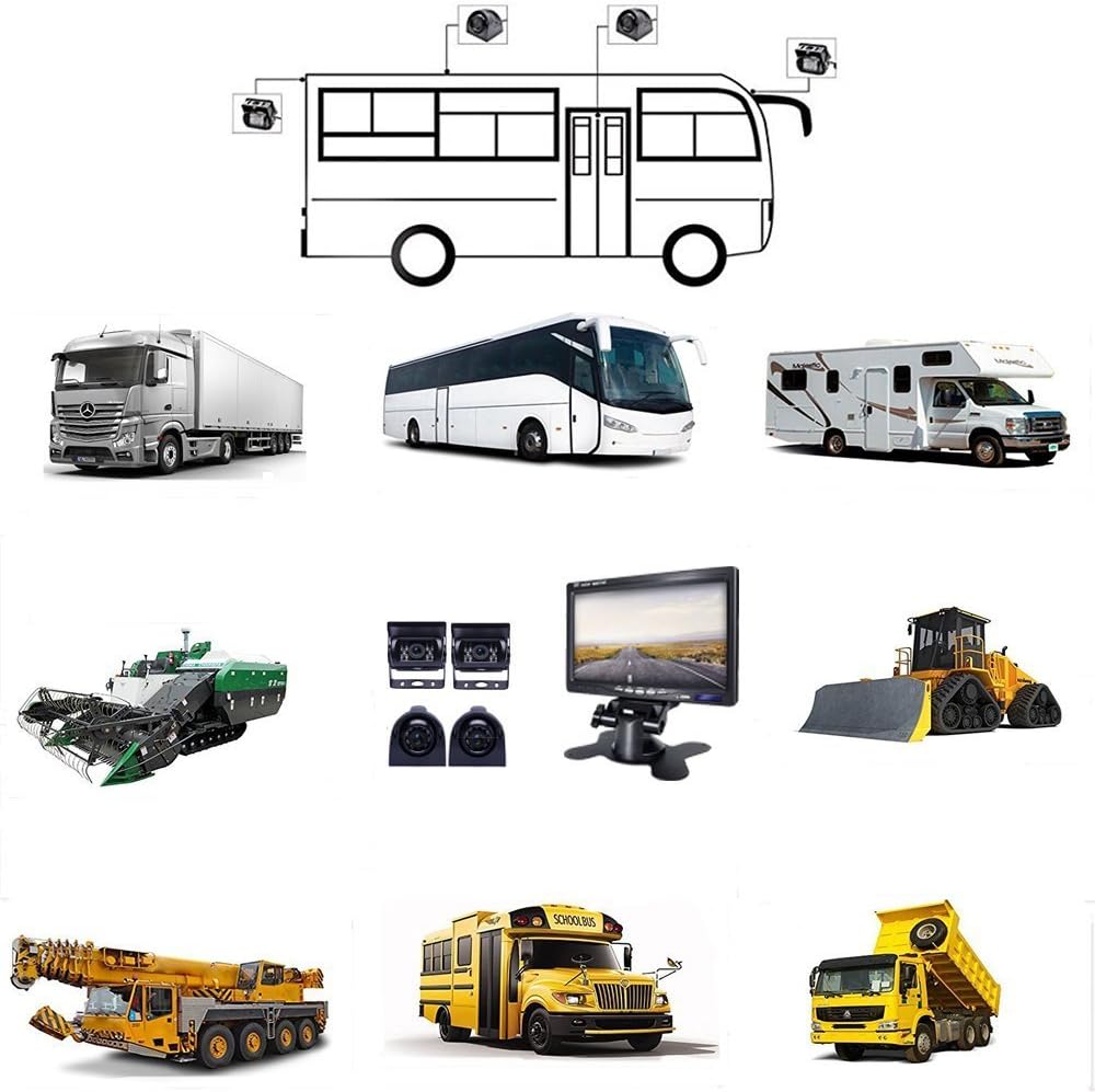 Backup Camera Kit 7 inch 4-Spilt Monitor Rear View Cameras with IP 67 Waterproof 18 IR Night Vision Car Camera for Tucks, RVs,Trailers,Bus,Vans + 4pcs 10m/393.7inch Cables