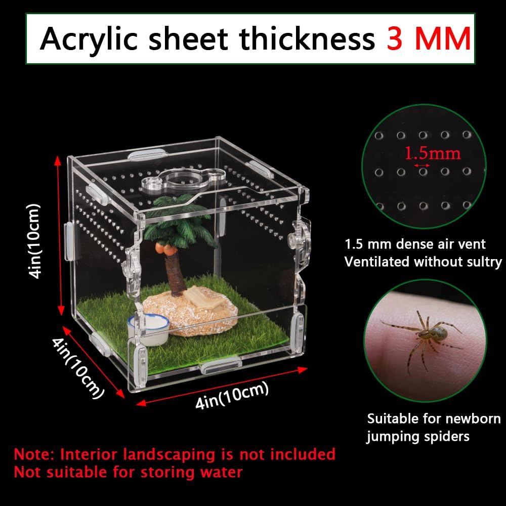 Reptile Terrarium,Tarantula Enclosure,Jumping Spider Enclosure for Tarantula Scorpion Sling Isopods Snail Reptile Invertebrates Accessories(4" X4 X4 )