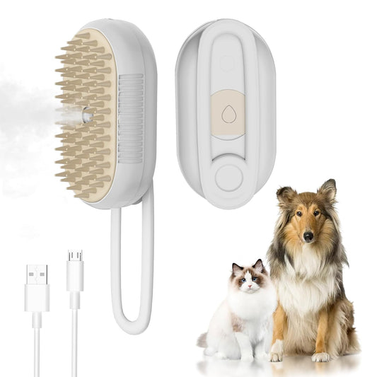 4 in 1 Cat Steam Brush for Shedding,Rechargeable Steam Pet Brush With Rotating Handle for Massaging, Self-Cleaning, and Pet Hair Removal for Long and Short Hair of Cat and Dog (Beige)
