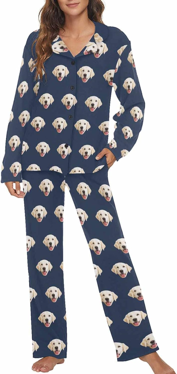 MyPupSocks Custom Face Pajamas for Women Set, Personalized Photo Long Sleepwear XS-XXL