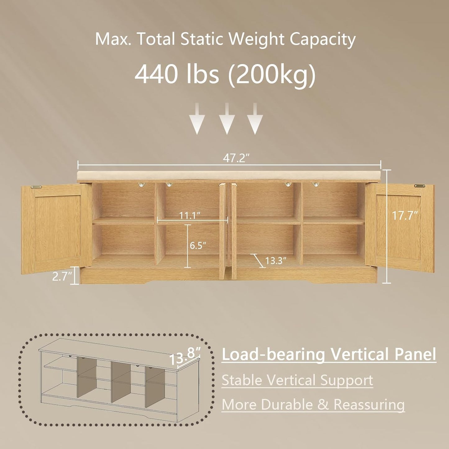 DINZI LVJ Shoe Bench, Entryway Storage Bench with Doors, Cushion, 2-Tier Shoe Rack with 8-Cubby, 47.2”L x 13.8”W Shoe Organizer Cabinet, Adjustable Shelf, Living Room, Bedroom, Natural with Rattan