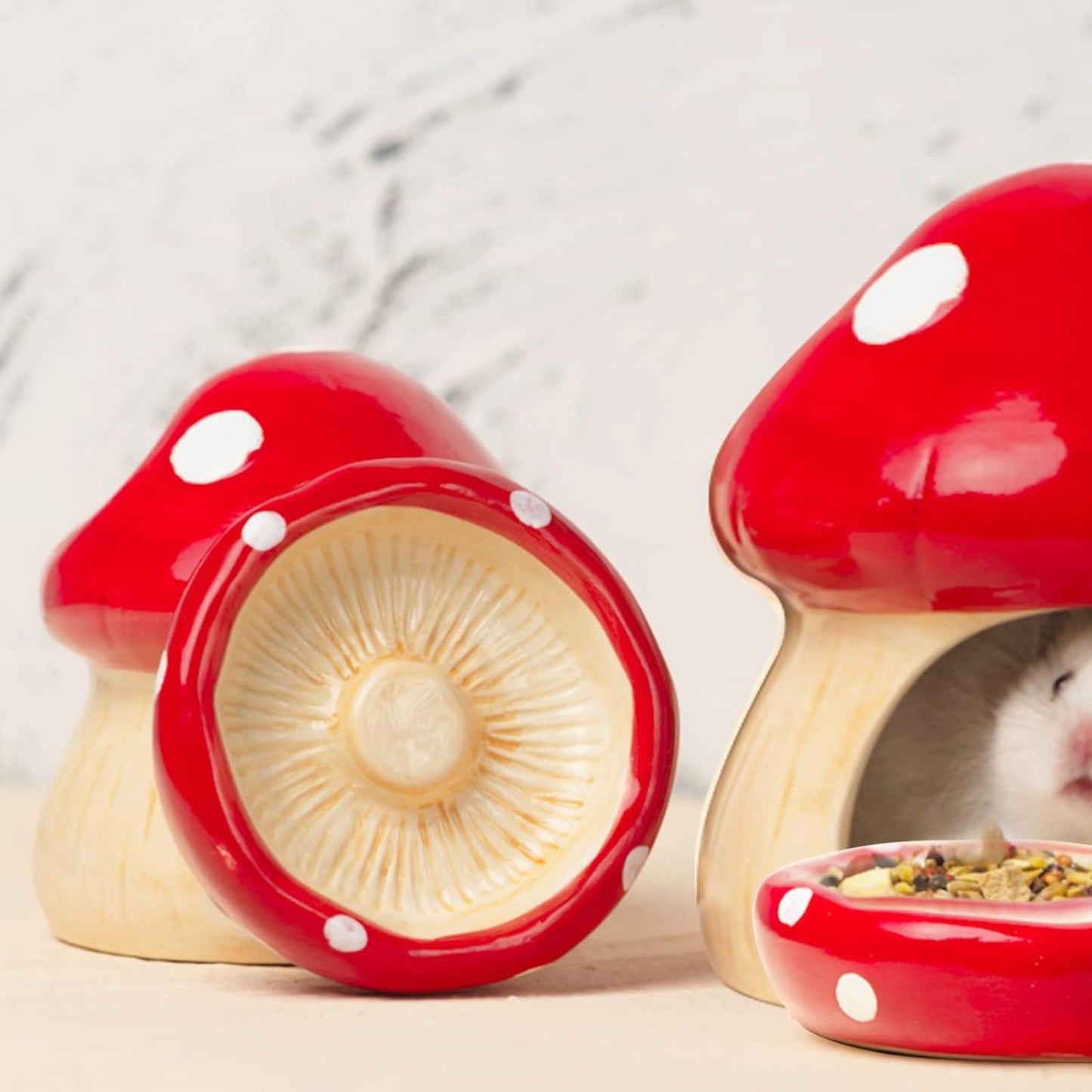 Ceramic Mushroom Guinea Pig House Hamster Hide Bed Includes Hamsters Food Bowl Guinea Pig Hideout for Hamster Chinchilla Hedgehog Rat Small Animals(Red Mushroom Set)