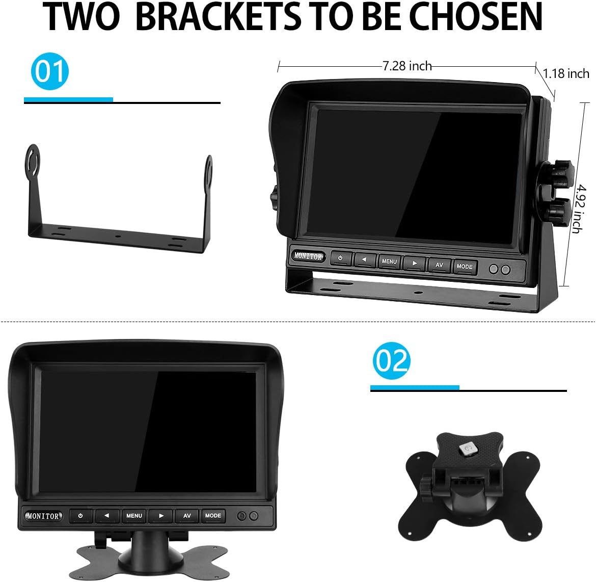 RV Backup Camera and Monitor Kit(12-24V) 7inch HD Monitor Reversing +2 Rear View Camera 170°Wide Angle,18IR Night Vision,Waterproof IP68,Dual Back up Camera for Truck/Trailer/Van/Camper/Vehicles.