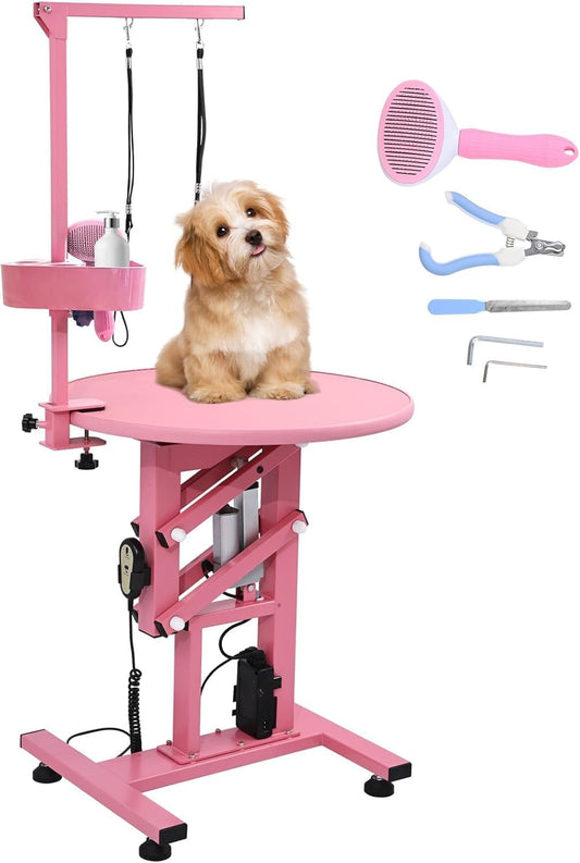 Electric Hydraulic Lift Pet Dog Grooming Table, 24Inch Grooming Desktop for Small Dogs, with Overhead Arm, Wireless Remote, Tool Organizer, Pink