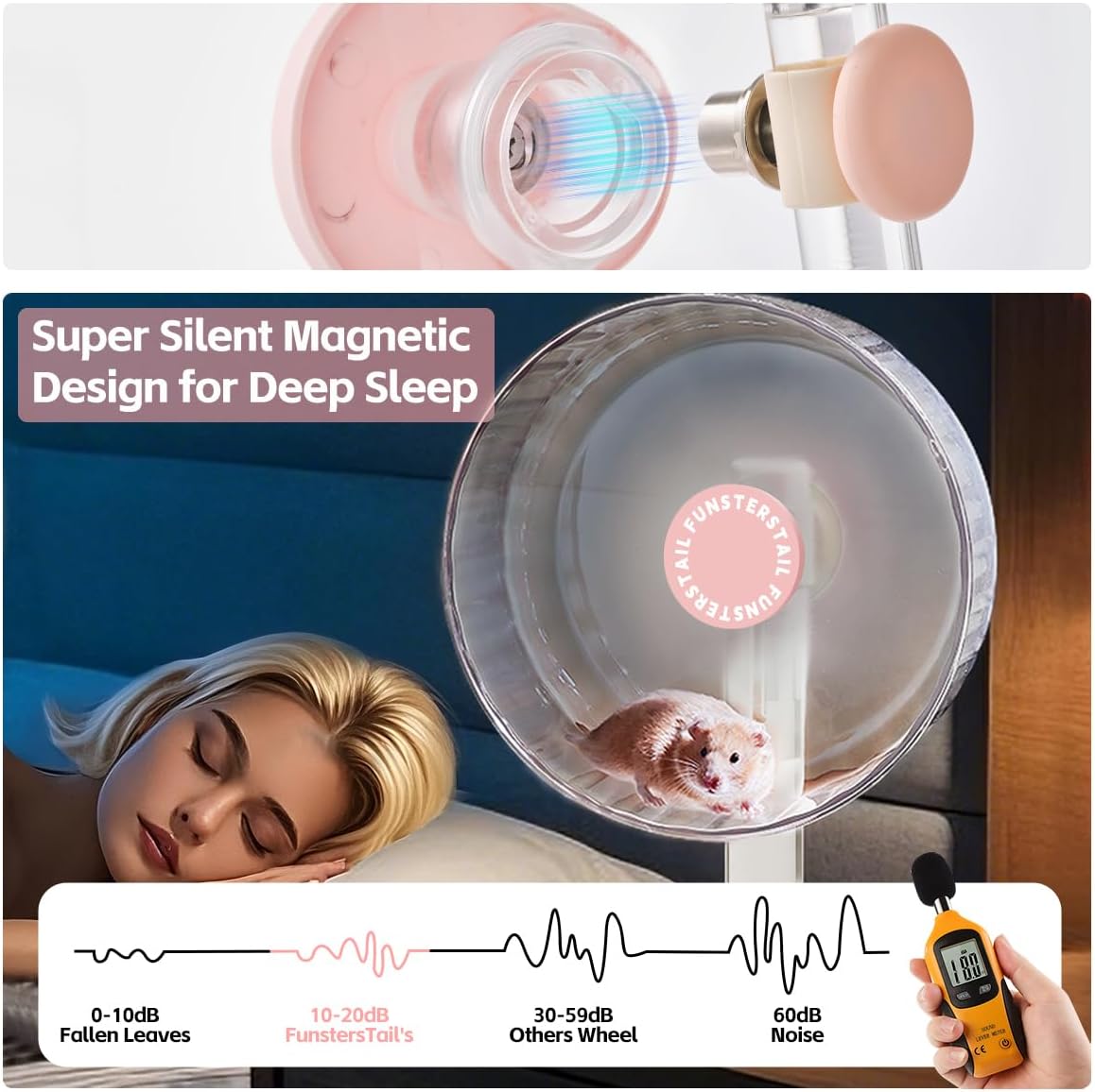 Super Silent Hamster Wheel 10.4 Inch, Magnetic Large Rat Wheel for Chinchilla, Gerbil, Guinea Pig, Cat, Mouse, Sugar Glider and Dwarf, Syrian Hamster Accessories (Peach Pink)