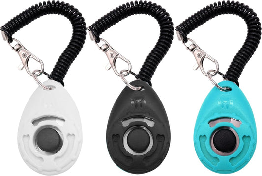 Dog Training Clicker with Wrist Strap Durable Lightweight Easy to Use,Pet Training Clicker for Cats Puppy Birds Horses,Perfect for Behavioral Training 3-Pack (Black,White and Water Lake Blue) (3)