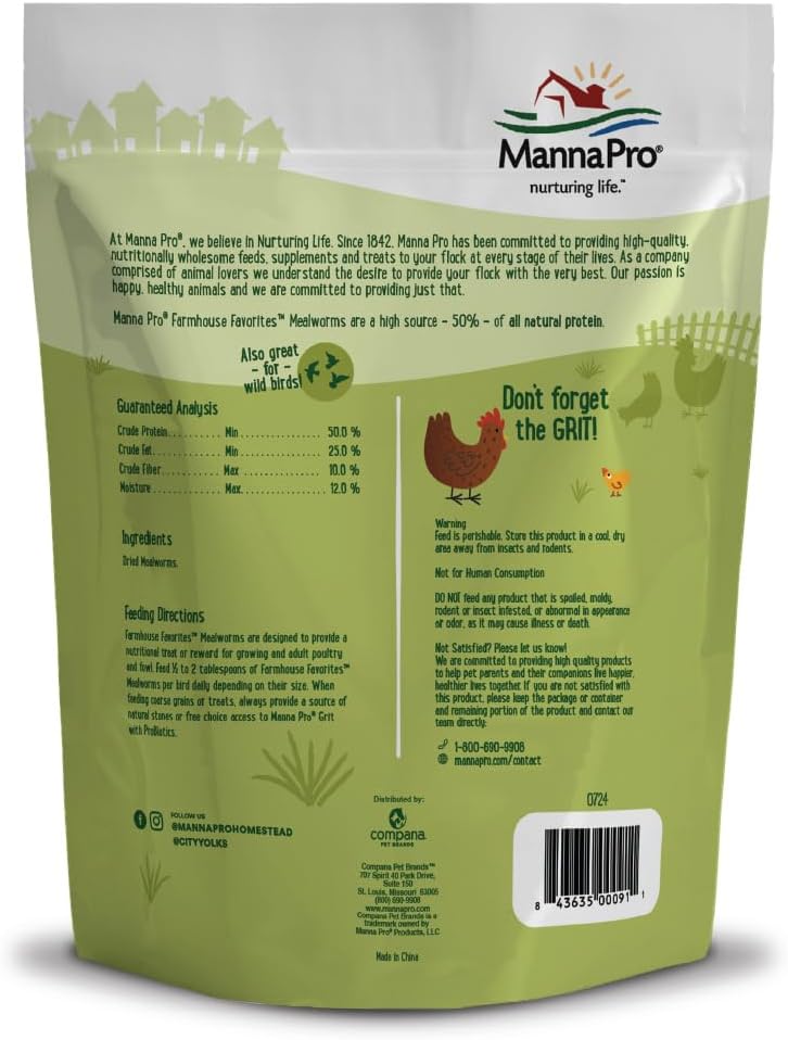 Manna Pro Farmhouse Favorites Mealworms Poultry Treat - Protein Treat for Chicken - Poultry, Turkey, Ducks, Geese, and Guinea Fowl Treat - Contains 50% Protein - 100% Natural Poultry Snack - 2lbs