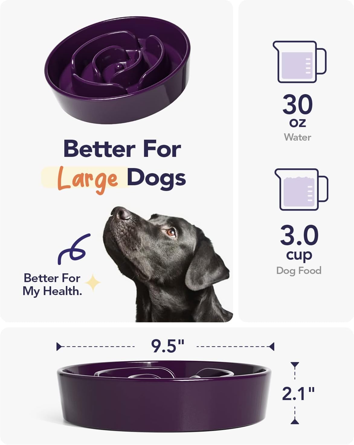 LE TAUCI Slow Feeder Dog Bowls Ceramic, 3 Cups Slow Feeding Dog Bowl Medium Large Breed, Pet Bowl for Fast Eaters, Puzzle Pet Dishes, Maze Purple