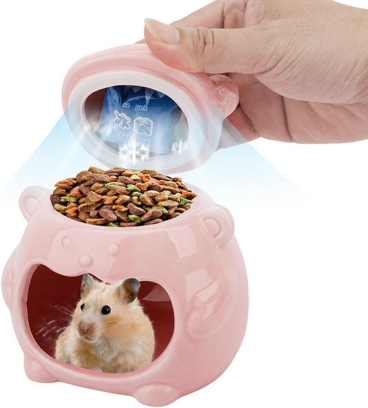 3-in-1 Bear Shaped Ceramic Hamster House - Cool House for Syrian Dwarf Hamsters, Mice, Gerbils, Small Pets, Top for Hamster Food, Removable Lid for Ice Packs, Cute Cool Hideout for Summer(Pink)