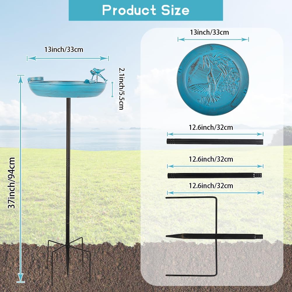 Metal Bird Bath for Outdoor, 37 Inch Tall Birdbath with Stake, Standing Bird Baths with 13" Bowl & Decorative Small Bird Feeder & Cast Iron Bird for Outside Garden Patio Yard Decor