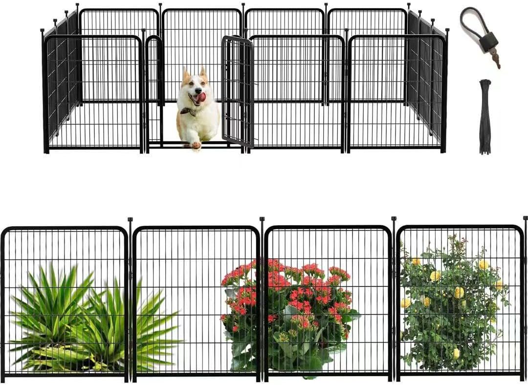 56 in(H) Decorative Garden Fence Panels, Wide Door Low Threshold, Dog Fence Outdoor for Yard. 10 Panels Total 22.1 Ft(L),No Dig Fencing for Dogs, Black