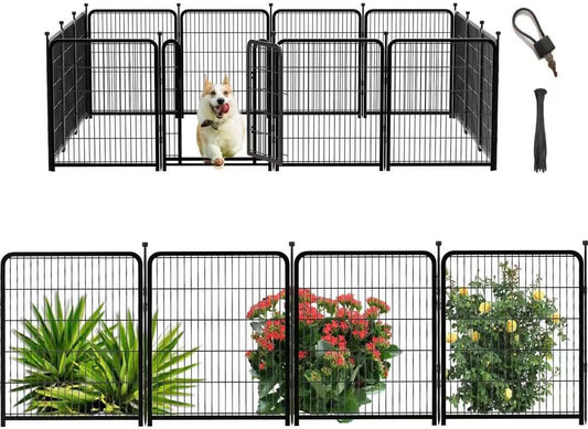56 in(H) Decorative Garden Fence Panels, Wide Door Low Threshold, Dog Fence Outdoor for Yard. 10 Panels Total 22.1 Ft(L),No Dig Fencing for Dogs, Black