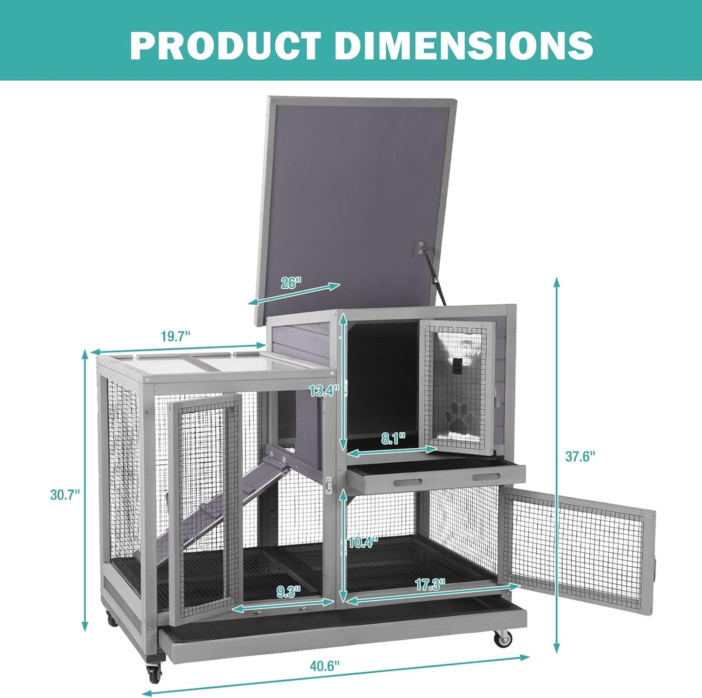 Rabbit Hutch Indoor for 2-4 Rabbits & Guinea Pigs,Bunny Cage with Slide-Out Plastic Trays,Wooden Small Animal Cage for Rabbits, Bunnies, and Guinea Pigs (Light Grey)
