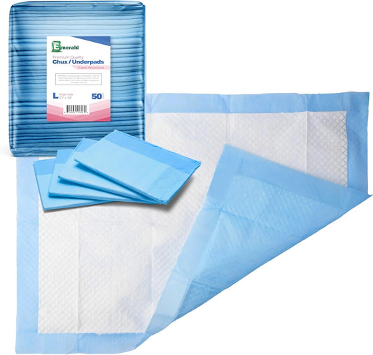 Emerald Incontinence Underpads, 50 Pads, Waterproof Plastic Backing, Highly Absorbent Cotton Fluff, Non-Skid, for Bedwetting, Pets, Seniors
