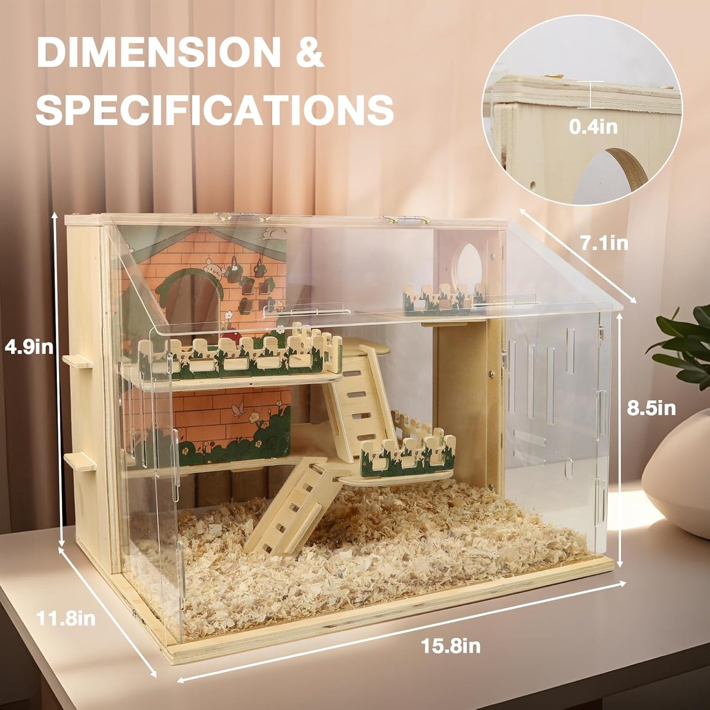 Wooden Hamster Cage, 15.8" 3-Layer Acrylic Dwarf Hamster Cages,Top Open Small Animal Cages with Stairs, Fences, Pastoral Style Mouse Cage for Pet Mice, Hedgehog