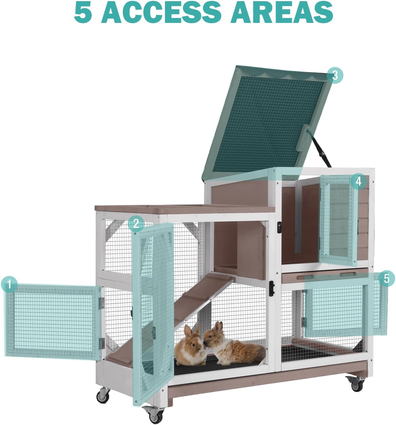 Rabbit Hutch Indoor for 2-4 Rabbits & Guinea Pigs,Bunny Cage with Slide-Out Plastic Trays,Wooden Small Animal Cage for Rabbits, Bunnies, and Guinea Pigs