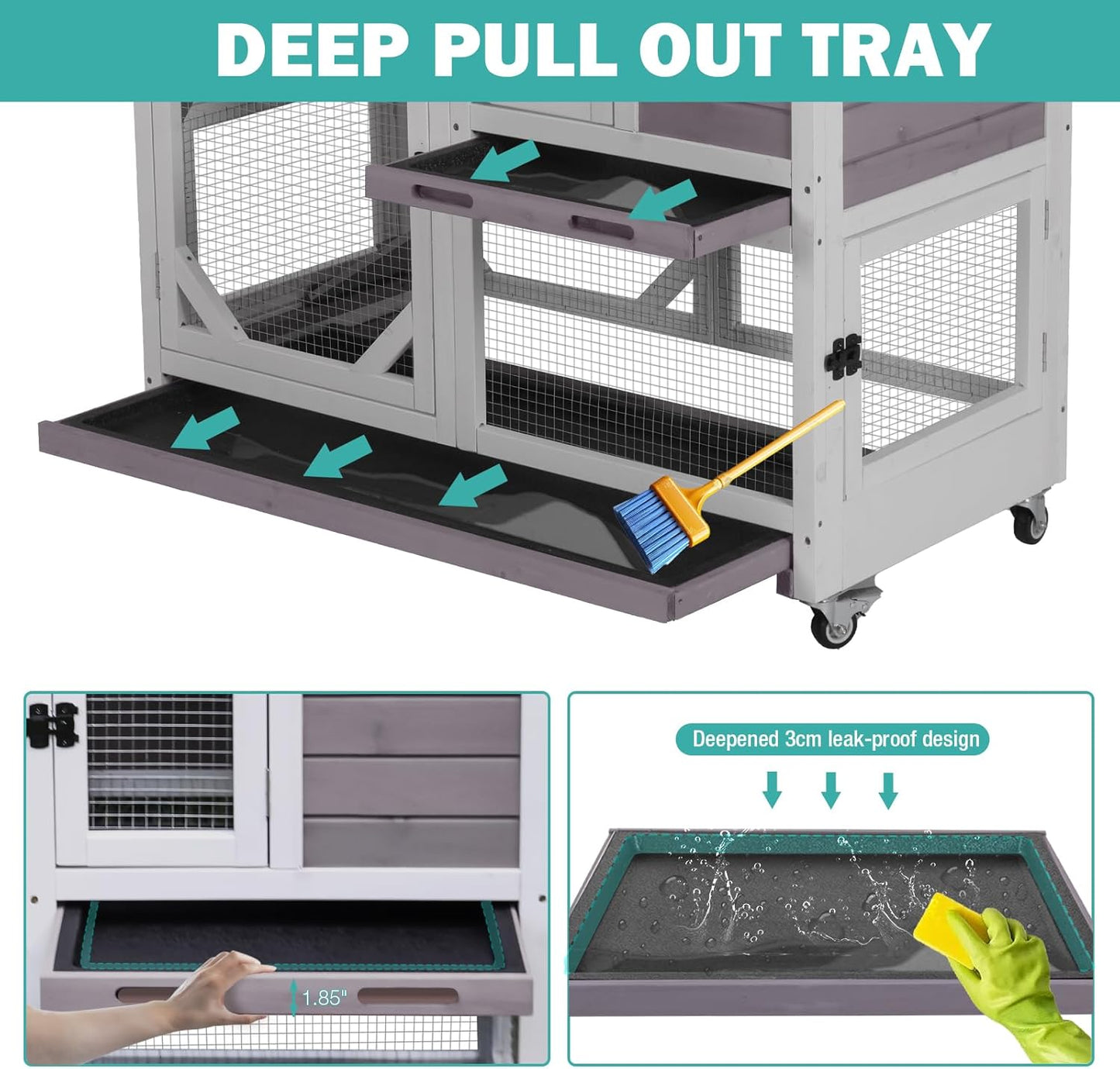 Rabbit Hutch Indoor for 2-4 Rabbits & Guinea Pigs,Bunny Cage with Slide-Out Plastic Trays,Wooden Small Animal Cage for Rabbits, Bunnies, and Guinea Pigs
