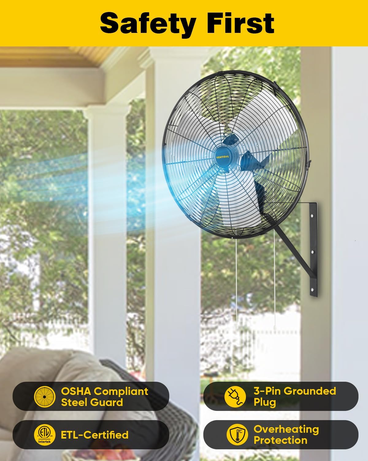 VENTISOL 20 Inch Wall Mount Fan Oscillating, 5500 CFM High Velocity Industrial Fans with 3 Speeds for Garage, Shop, Warehouse, Workshops, Cover Patio, ETL Listed