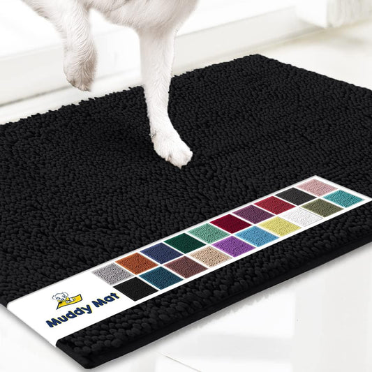 Muddy Mat® Original Dog Door Mat for Muddy Paws, Super Absorbent Microfiber, Non-Slip Washable Pet Rug, Quick Dry Chenille Entryway Carpet, Machine Washable Indoor Outdoor mat, Black 24"x120"