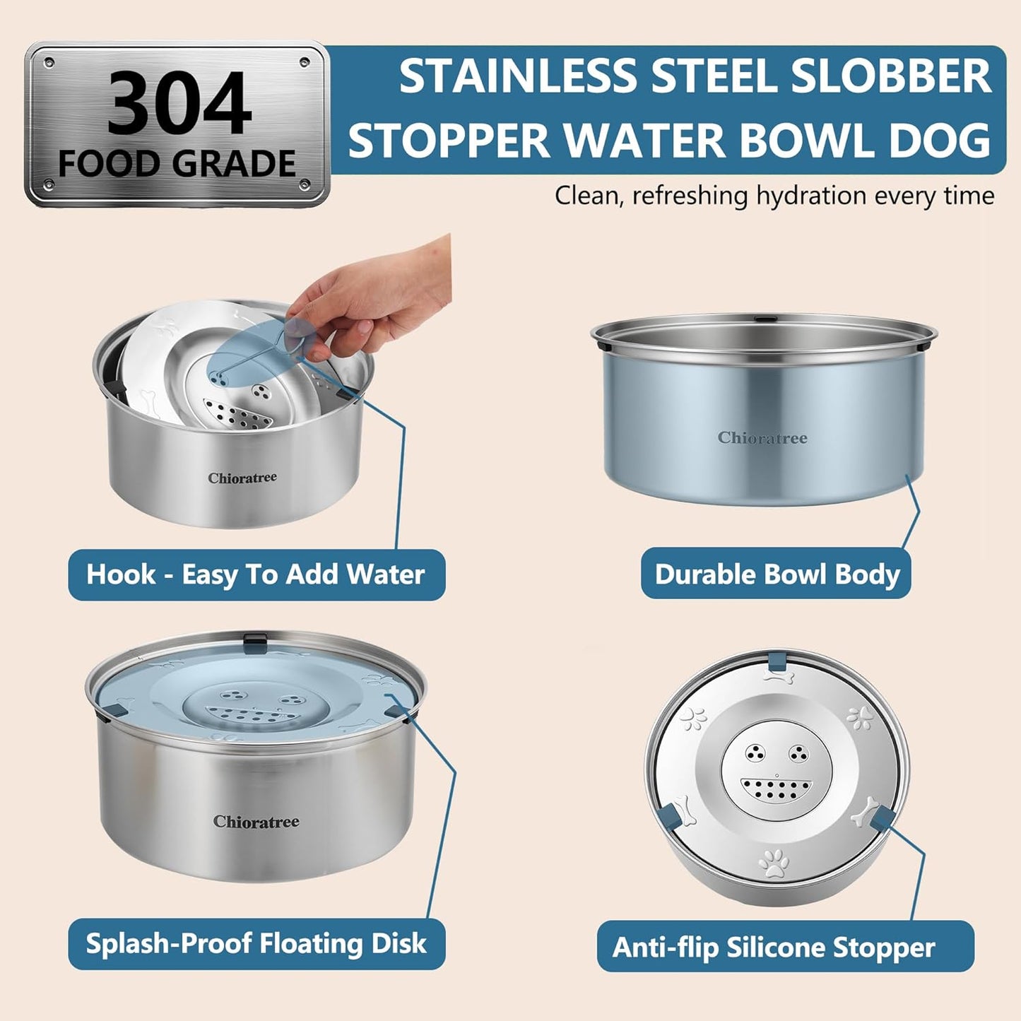 Dog Water Bowl No Spill,3L/101oz Large Spill Proof Water Bowl for Dogs, Stainless Steel Slobber Stopper Slow Drinking Dog Bowl Anti Splash Pet Water Dispenser for Messy Drinkers