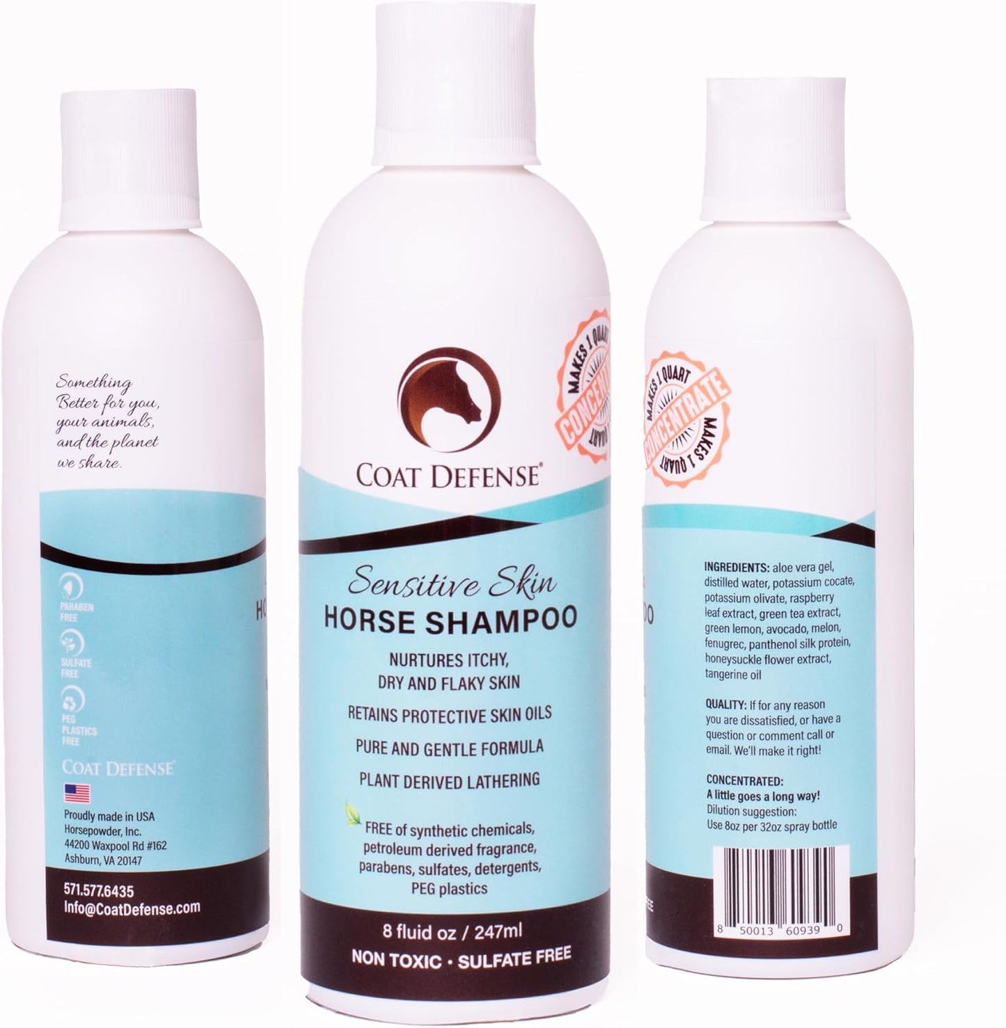 COAT DEFENSE Sensitive Skin Shampoo for Horses | All-Natural & Made in USA | Hypoallergenic Aloe Based - Soothes and Relieves Itchy, Dry and Inflamed Skin | Safe for Everyone | 8oz. Concentrated