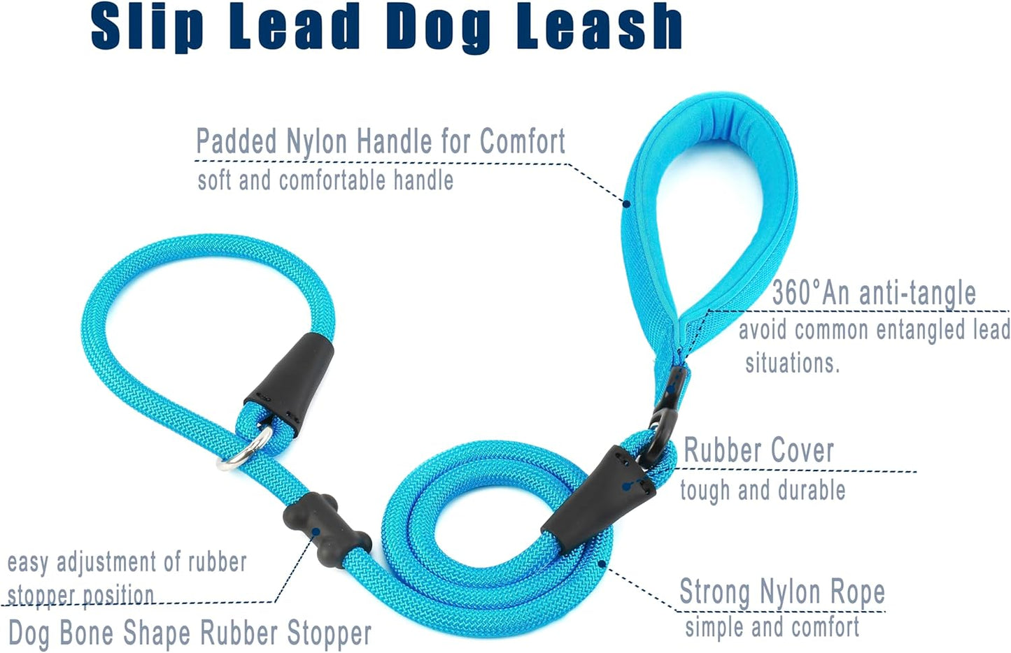 Slip Lead Dog Leash,Strong Nylon Rope Leash and Padded Handle,No Pull Outdoor Walking Training Lead for Small Medium Large Dogs(Blue,1/2"×4ft)
