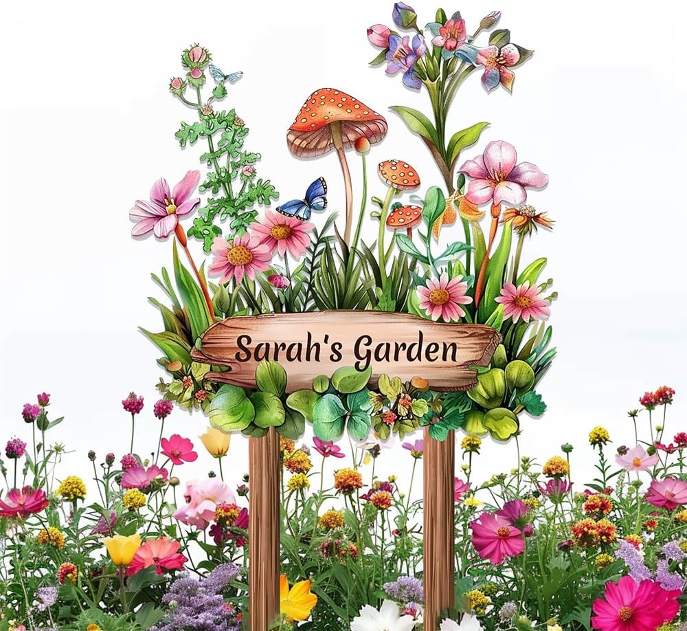 Personalized Mushroom Metal Sign with Stake,Custom Gardener Last Name Signs Outdoor Decoration,Customized Flowers Garden Accessories Decor for Grandma,Butterfly Plaques for Patio Lawn Porch Backyard