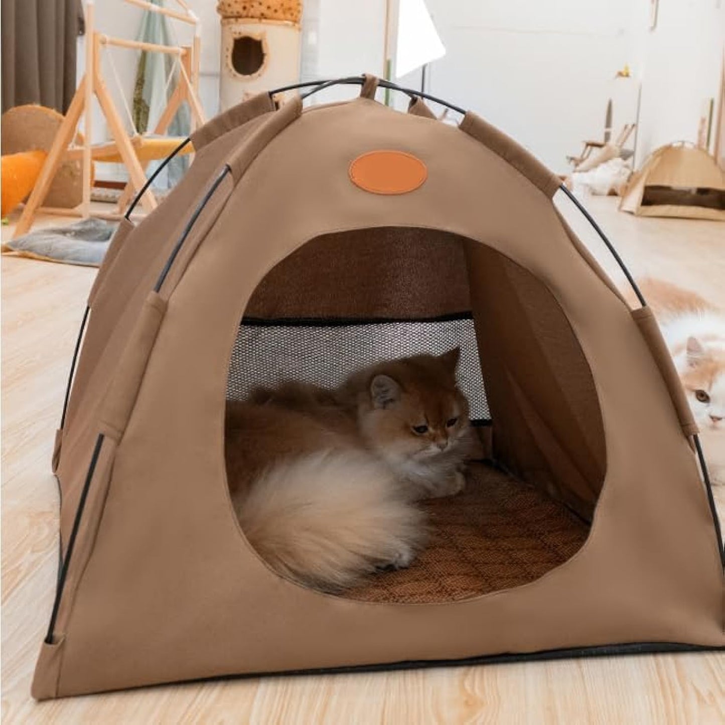 BreezyDen Pop-Up Pet Tent – Portable Indoor/Outdoor Cat Tent, Waterproof Pet Hideaway for Cats & Small Dogs with Mesh Window, Anti-Slip Base & Washable Design (White, M (8 catties Kitten))