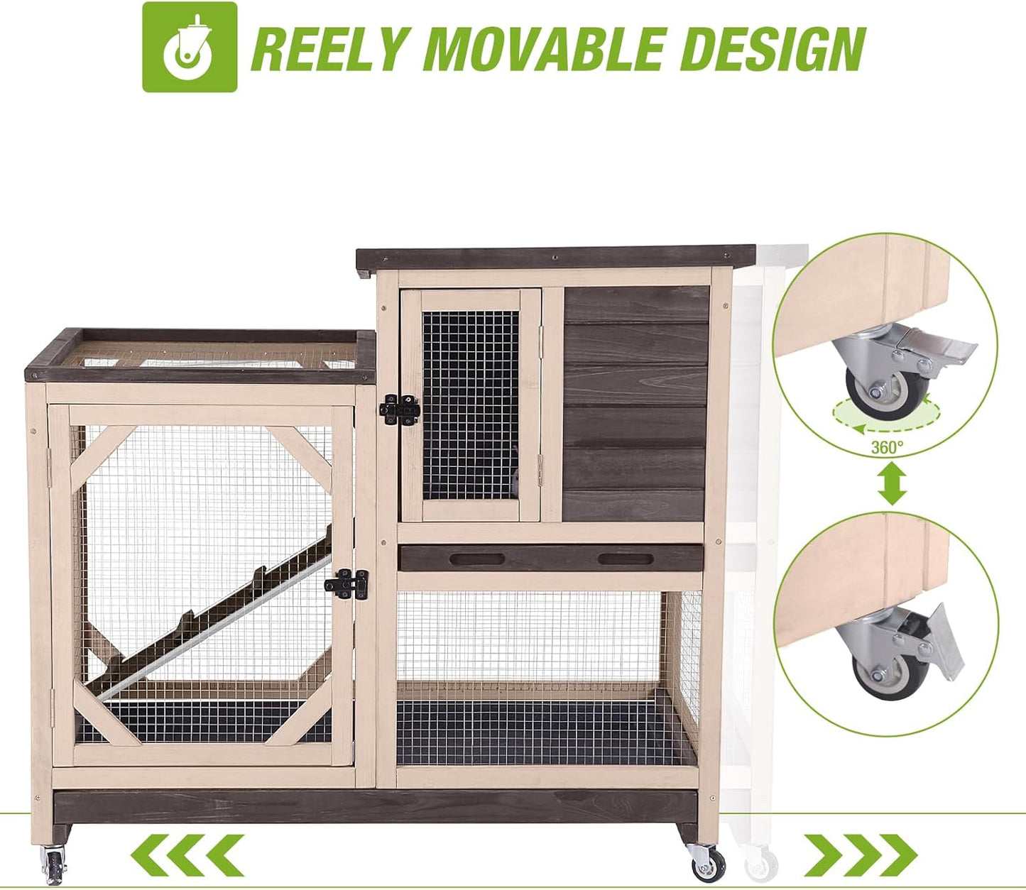 GUTINNEEN 2-Story Rabbit Hutch with Chew-Proof Ramp & Pull-Out Trays - Indoor/Outdoor 39.3" Wooden Rabbit Cage on Wheels for Rabbits, Guinea Pigs (Dark Brown)
