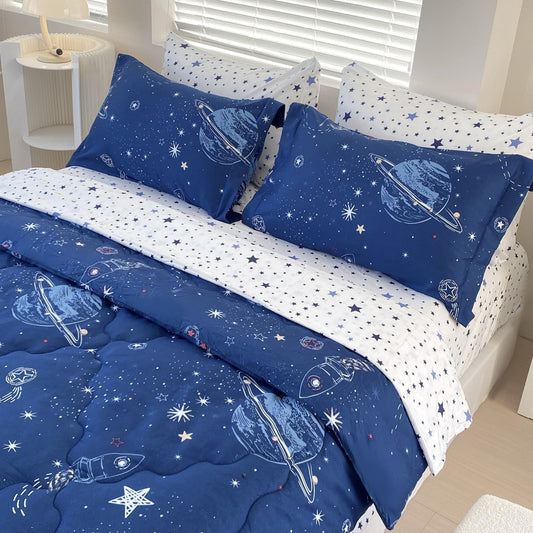 7 Piece Boys Space Comforter Set Twin Size Bed in A Bag Star Rocket Galaxy Universe Planets Bedding Set for Kids Teens Girls Microfiber Blue Quilt All Season