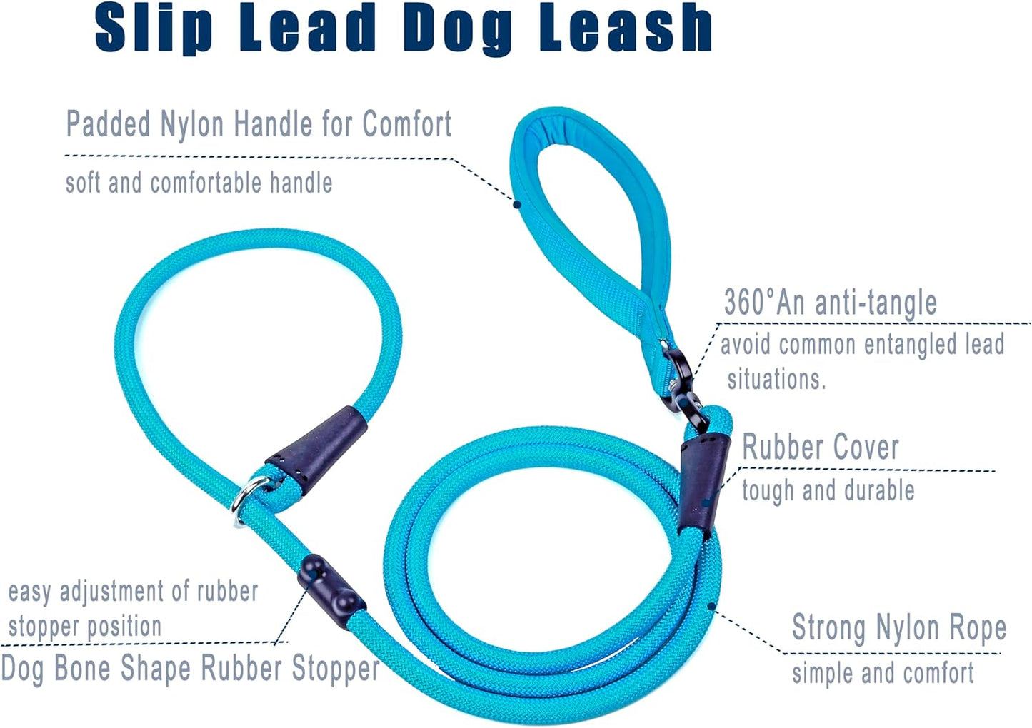 Slip Lead Dog Leash,Strong Nylon Rope Leash and Padded Handle,No Pull Outdoor Walking Training Lead for Small Medium Large Dogs(Blue, 1/2"×6ft)