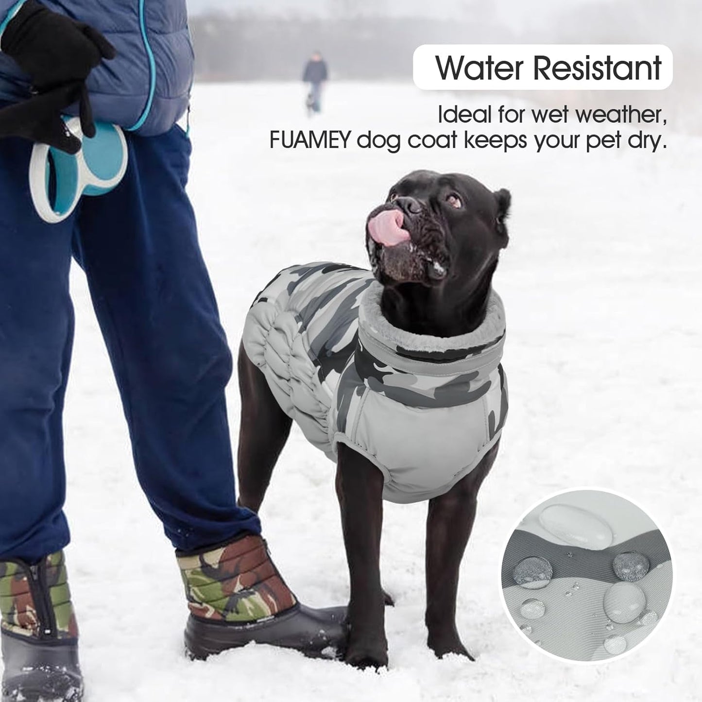 FUAMEY Dog Coat for Small Dogs,Waterproof Dog Winter Jacket with Harness Built in Puppy Cold Weather Coats Reflective Pet Vest with Zipper Warm Fleece Dogs Snowsuit Windproof Grey Camo XS