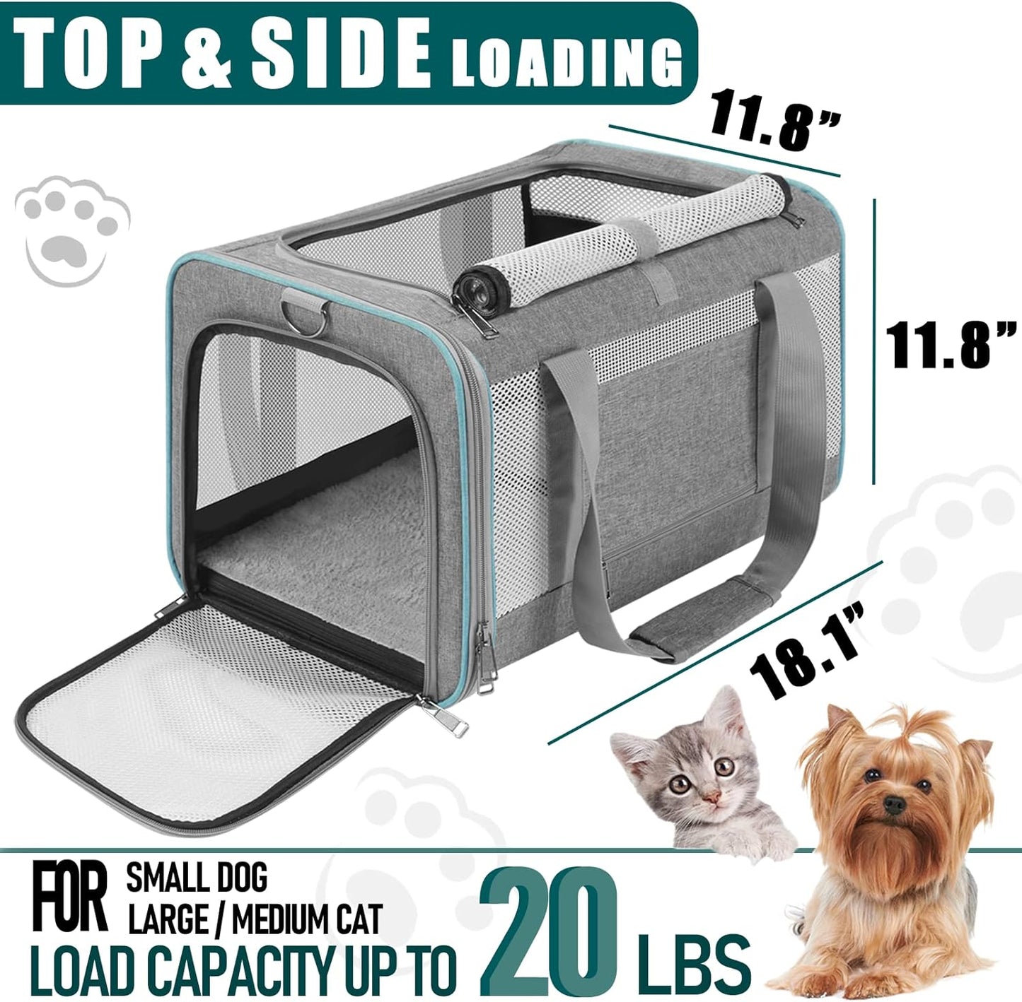 Pet Carrier for Large Cats 20 lbs+ / Soft Sided Small Dog Travel Carriers Top Load/Collapsible Carrier Bag for Big Cat / 2 Kittens Sturdy Transport Carriers Long Trips/Medium Cats 15 pounds