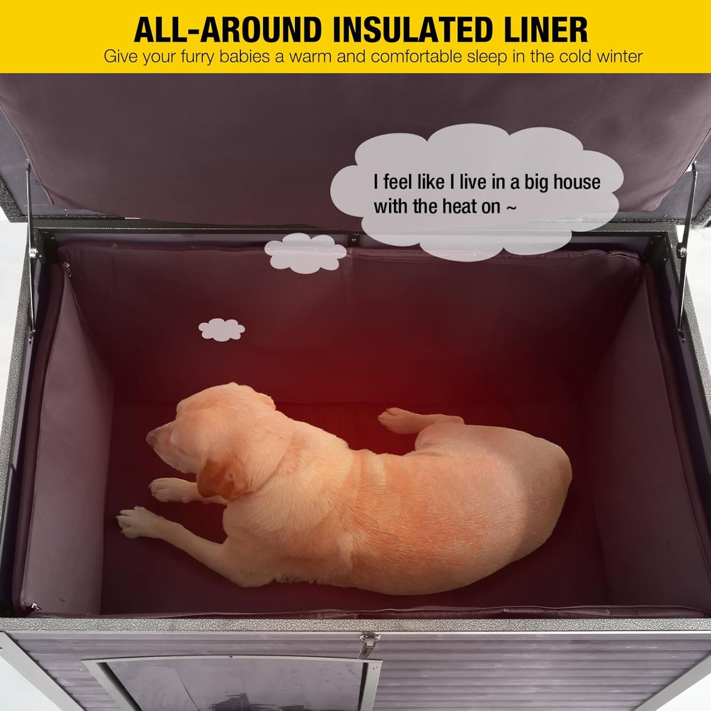 Aivituvin Dog House with Insulated Liner, Outdoor Indoor Weatherproof Dog House for Winter, Suitable for Small & Medium & Large Dogs with Unique All-Around Iron Frame(Grey)