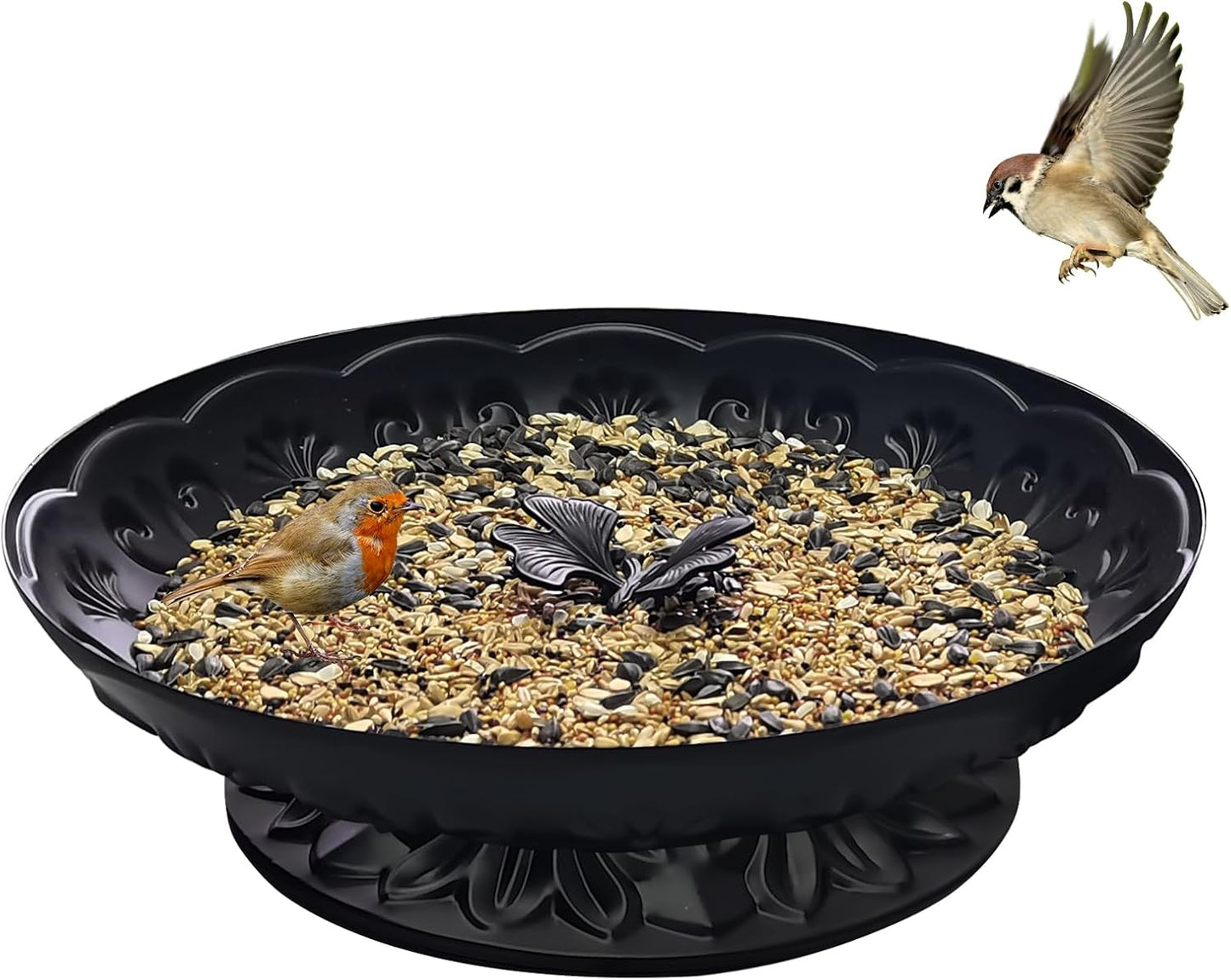 Ground Platform Bird Feeder Tray,11” Metal Large Standing Bird Feeder Mesh Seed Tray,for Outdoor Garden (Black-1 Pack)