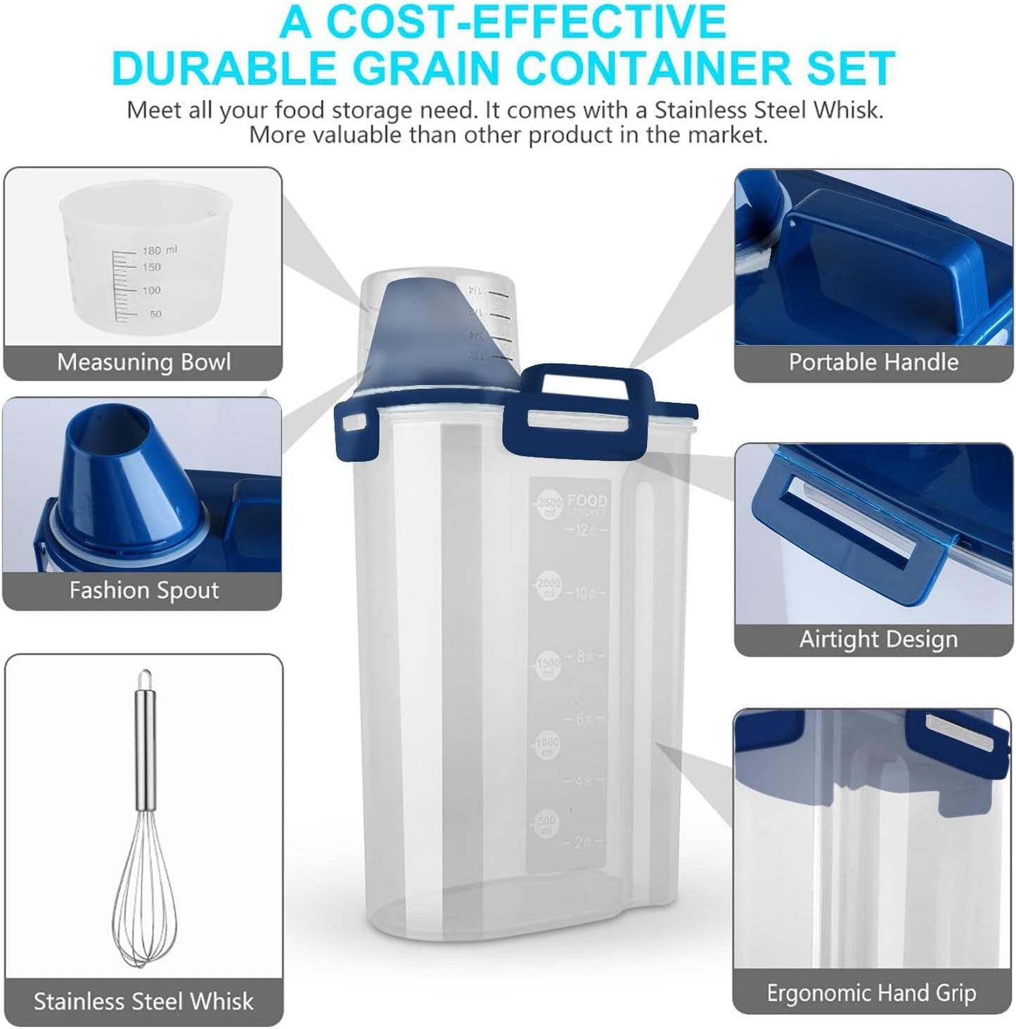 Rice Airtight Dry Food Storage Containers, BPA Free Plastic Storage Bin Dispenser with Pourable Spout, Measuring cup for Cereal, Flour and Baking Supplies Blue