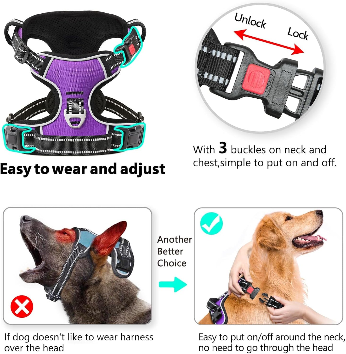 Timos Dog Harness Small Sized, No Pull with Neck Lockable Snap,No Choke Front Clip Dog Reflective Harness,Adjustable Metal Rings 3 Buckles,Easy Control Handle for Small Dogs Purple S