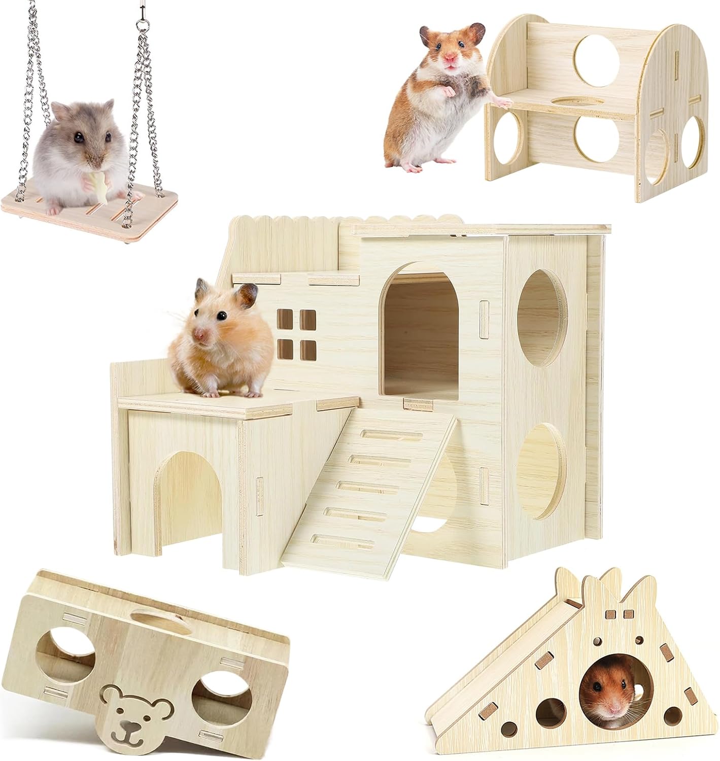 Hamster Toys 5-Piece Set ,Hamster House, Swing, Climbing Ladder, Seesaw & Exercise Wheel,Pet DIY Sport Exercise Toys Set, Small Animal Habitat Accessories ,Gerbils, Mice(Natural Wood)
