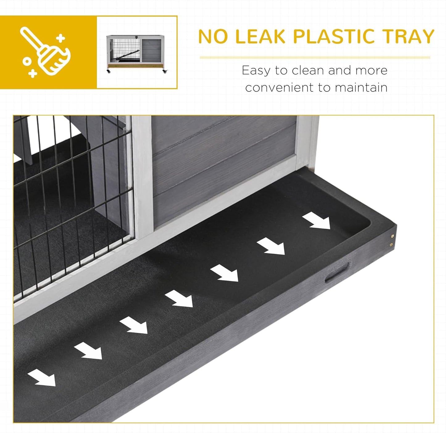 PawHut Wooden Rabbit Hutch Indoor Outdoor, Elevated Bunny Cage with No Leak Tray Enclosed Run with Wheels, Ideal for Guinea Pigs and Small Animals, Gray