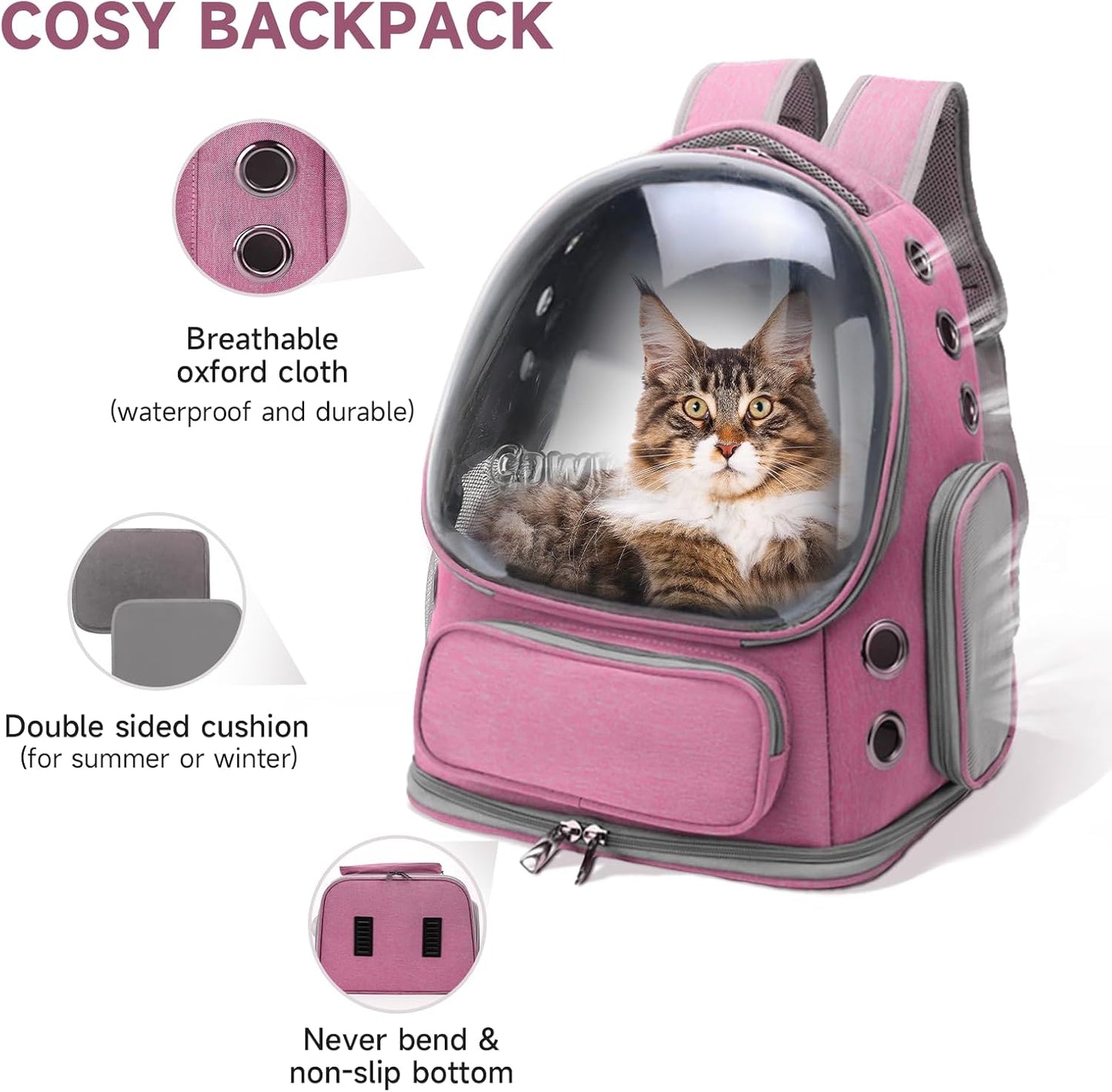 Cat Backpack Carrier, Breathable Cat Carrier Large Space Bubble Pet Backpack for Kitty Small Dog up to 15lbs, Transparent & Foldable Pet Carrier for Travel Hiking(Pink)