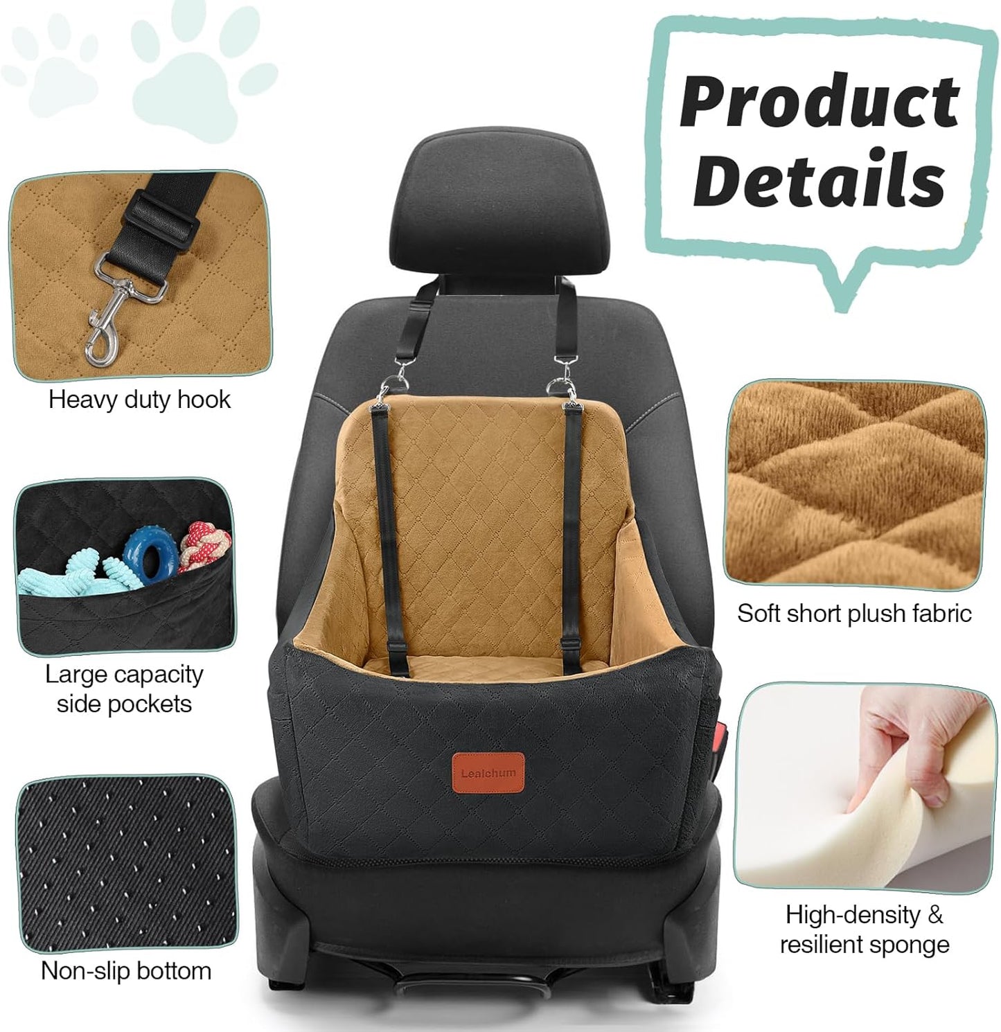 Dog Booster Car Seat for Up to 35lbs Pets,Easy to Install,Fully Detachable and Washable,Anti-Slip Base,Snug Puppy Car Seat with 2 Clip-On Leashes(Black/Coffee,Medium)