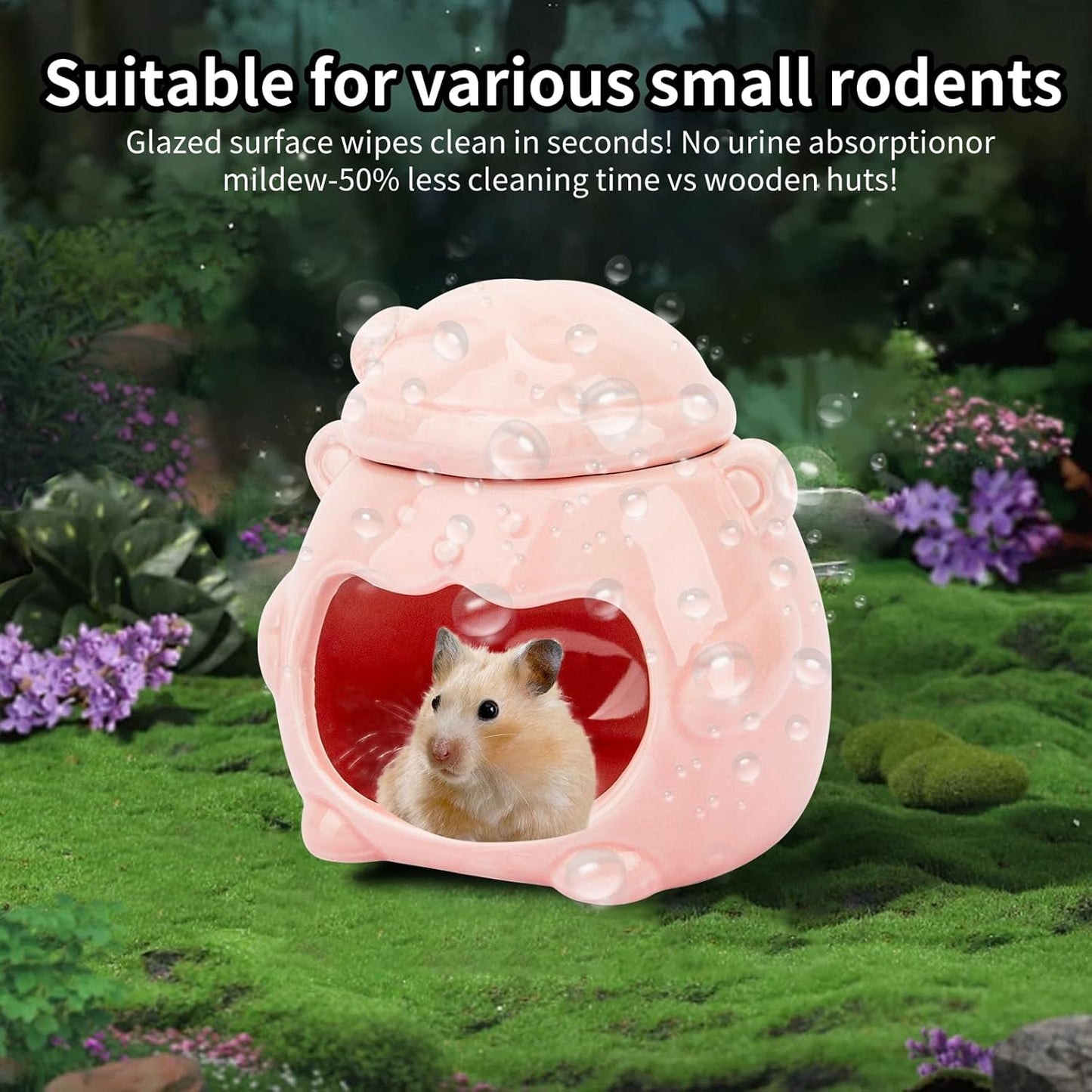 3-in-1 Bear Shaped Ceramic Hamster House - Cool House for Syrian Dwarf Hamsters, Mice, Gerbils, Small Pets, Top for Hamster Food, Removable Lid for Ice Packs, Cute Cool Hideout for Summer(Pink)