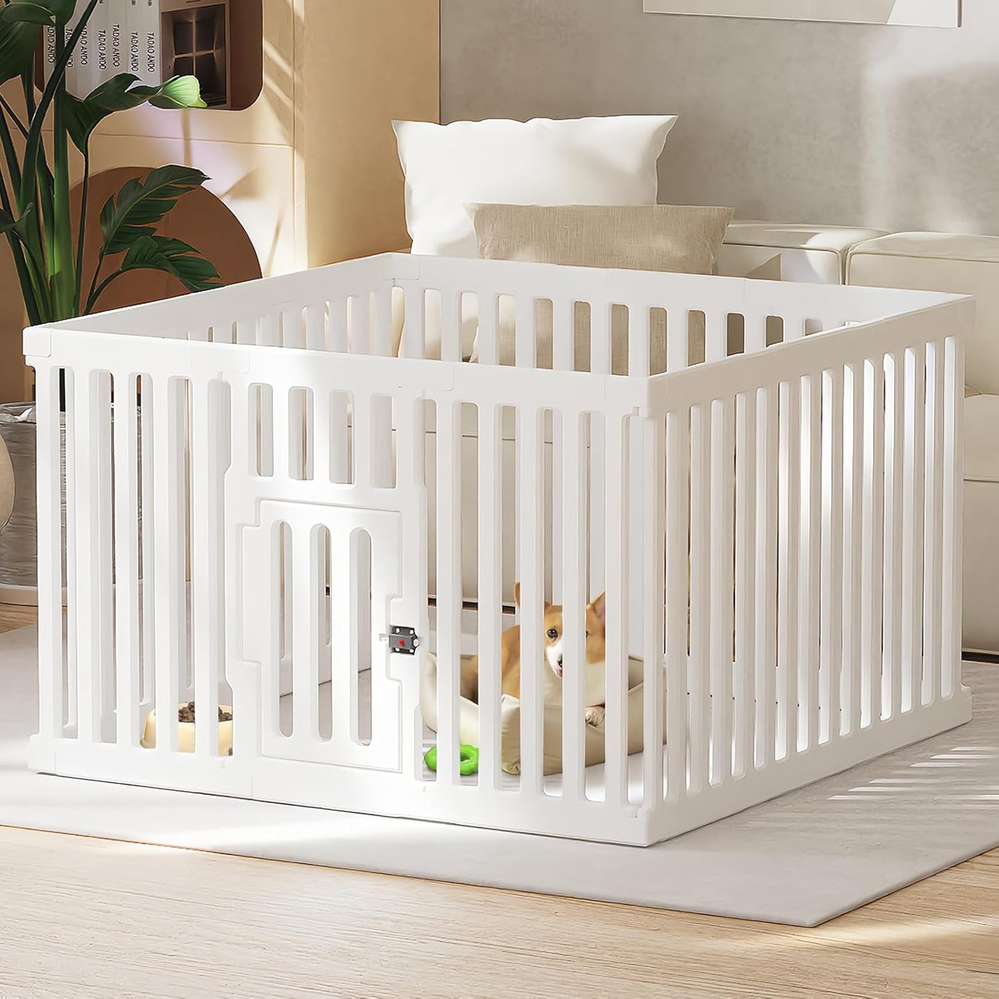 Dog Playpen with Door, 12 Panels Puppy Playpen, 25.6” H Dog Pen for Small Cats and Dogs, Pet Fence for Indoor & Outdoor, Non-Slip Pet Gate Made of Strong Plastic, White