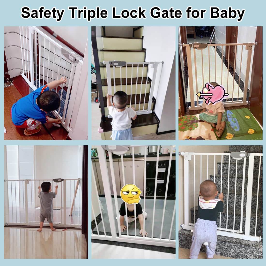 WAOWAO Triple Lock Baby Gate Extra Wide 86.22-90.55" Pressure Mounted Walk Through Swing Auto Close Safety White Metal Dog Pet Puppy Cat for Stairs,Doorways,Kitchen 86.22-90.94"/219-231cm